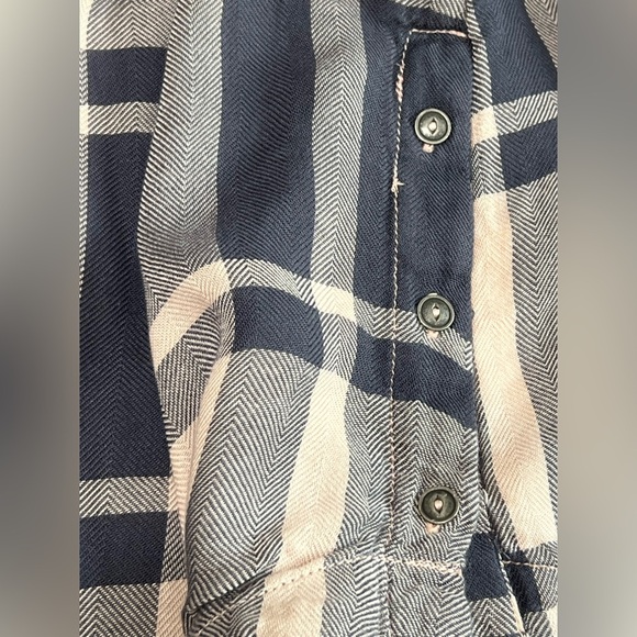 Free People M Pink Navy Plaid Tunic Oversized Button Up Breast Pocket Flowy - Picture 6 of 10